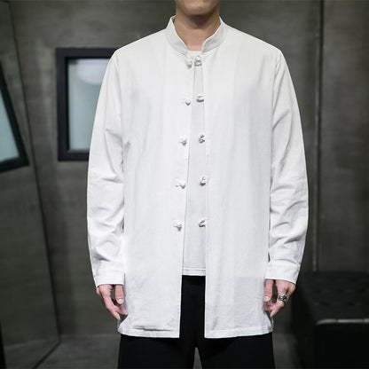 Buddha Stones Simple Tang Suit Plain Chinese Frog-Button Men's Cotton Long Sleeve Jacket Shirt