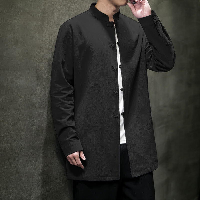 Buddha Stones Simple Tang Suit Plain Chinese Frog-Button Men's Cotton Long Sleeve Jacket Shirt