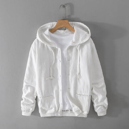 Buddha Stones Ribbed Hem Design Hoodie Long Sleeve Men's Cotton Linen Jacket Shirt With Pockets