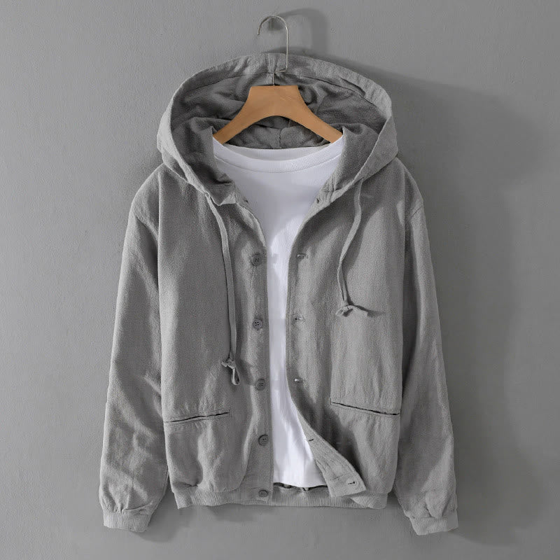 Buddha Stones Ribbed Hem Design Hoodie Long Sleeve Men's Cotton Linen Jacket Shirt With Pockets