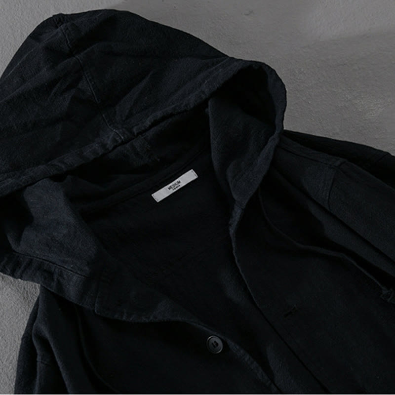 Buddha Stones Ribbed Hem Design Hoodie Long Sleeve Men's Cotton Linen Jacket Shirt With Pockets