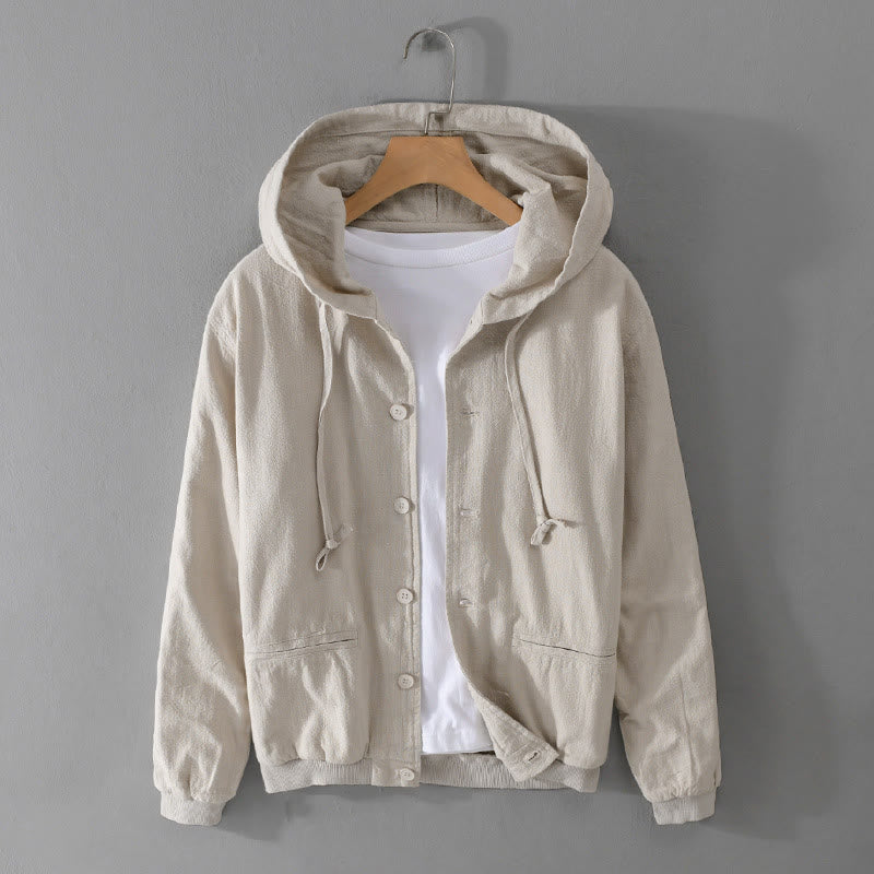 Buddha Stones Ribbed Hem Design Hoodie Long Sleeve Men's Cotton Linen Jacket Shirt With Pockets