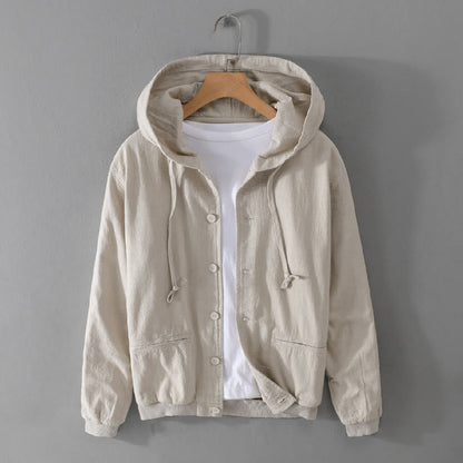 Buddha Stones Ribbed Hem Design Hoodie Long Sleeve Men's Cotton Linen Jacket Shirt With Pockets