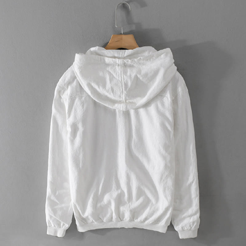 Buddha Stones Ribbed Hem Design Hoodie Long Sleeve Men's Cotton Linen Jacket Shirt With Pockets