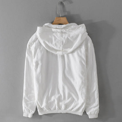 Buddha Stones Ribbed Hem Design Hoodie Long Sleeve Men's Cotton Linen Jacket Shirt With Pockets