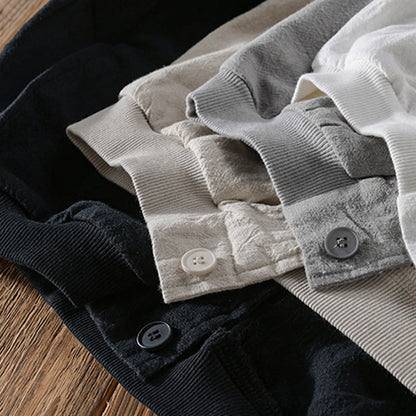 Buddha Stones Ribbed Hem Design Hoodie Long Sleeve Men's Cotton Linen Jacket Shirt With Pockets