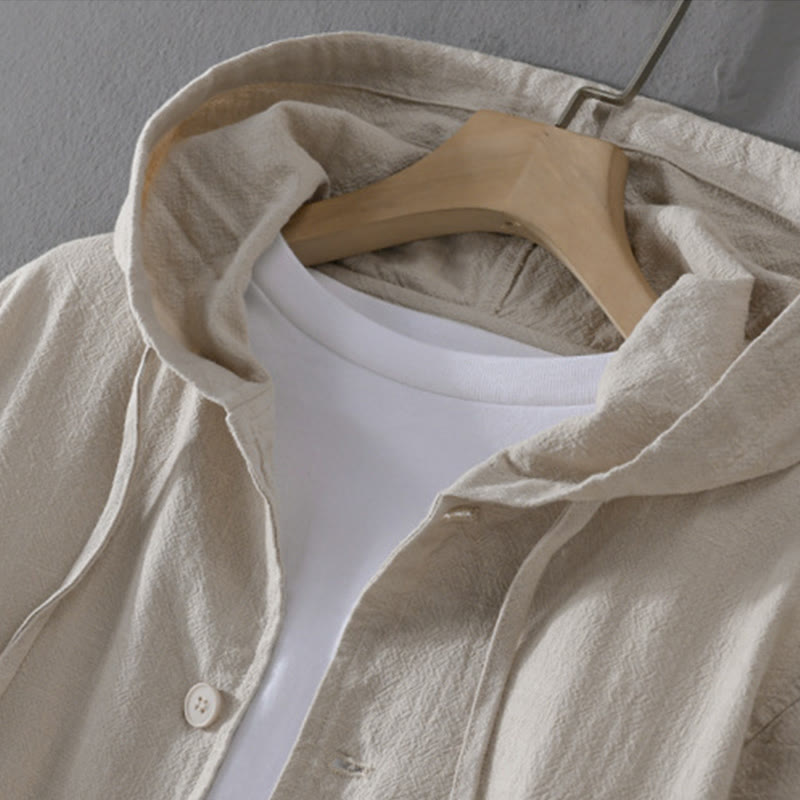 Buddha Stones Ribbed Hem Design Hoodie Long Sleeve Men's Cotton Linen Jacket Shirt With Pockets