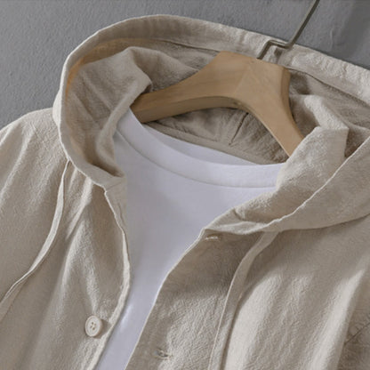 Buddha Stones Ribbed Hem Design Hoodie Long Sleeve Men's Cotton Linen Jacket Shirt With Pockets