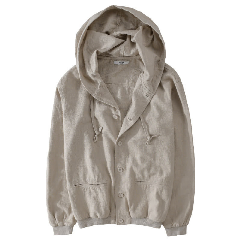 Buddha Stones Ribbed Hem Design Hoodie Long Sleeve Men's Cotton Linen Jacket Shirt With Pockets