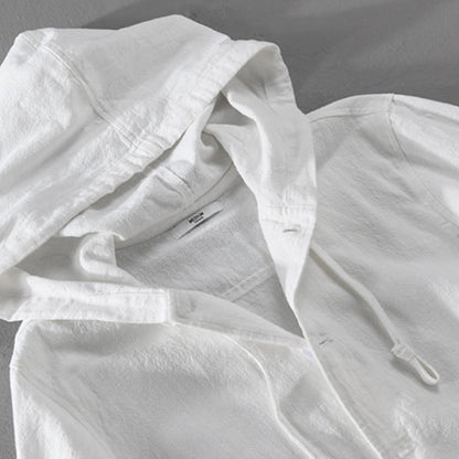 Buddha Stones Ribbed Hem Design Hoodie Long Sleeve Men's Cotton Linen Jacket Shirt With Pockets