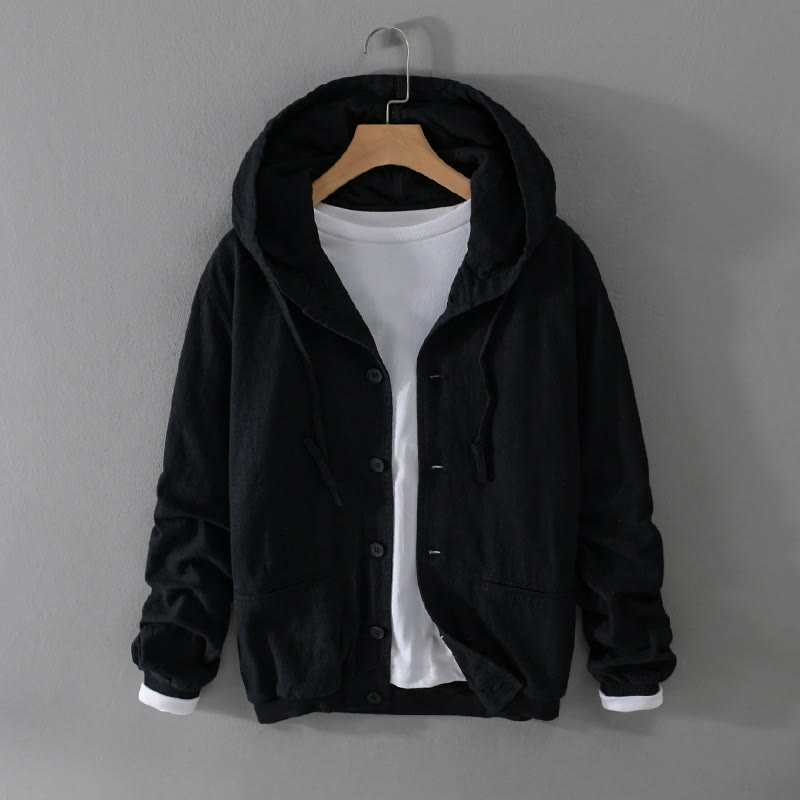 Buddha Stones Ribbed Hem Design Hoodie Long Sleeve Men's Cotton Linen Jacket Shirt With Pockets