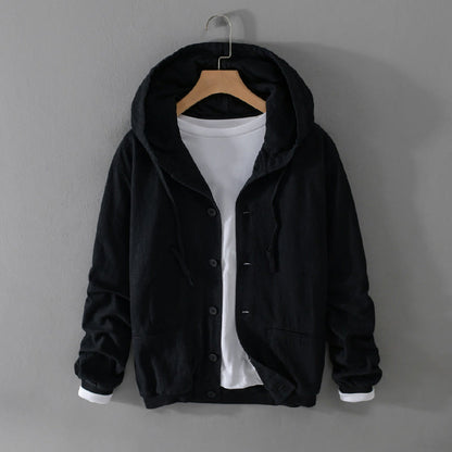 Buddha Stones Ribbed Hem Design Hoodie Long Sleeve Men's Cotton Linen Jacket Shirt With Pockets