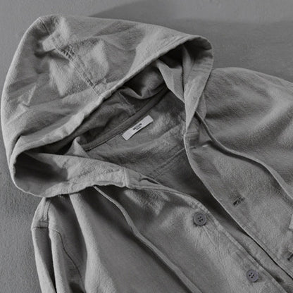 Buddha Stones Ribbed Hem Design Hoodie Long Sleeve Men's Cotton Linen Jacket Shirt With Pockets