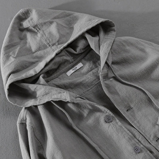 Buddha Stones Ribbed Hem Design Hoodie Long Sleeve Men's Cotton Linen Jacket Shirt With Pockets