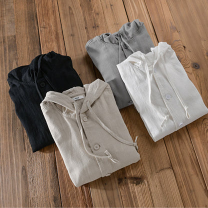 Buddha Stones Ribbed Hem Design Hoodie Long Sleeve Men's Cotton Linen Jacket Shirt With Pockets