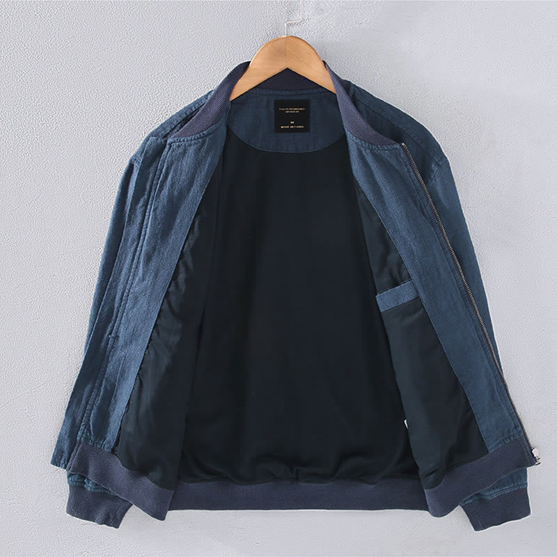 Buddha Stones Winter Zipper Design Stand Collar Men's Cotton Linen Long Sleeve Jacket With Pockets