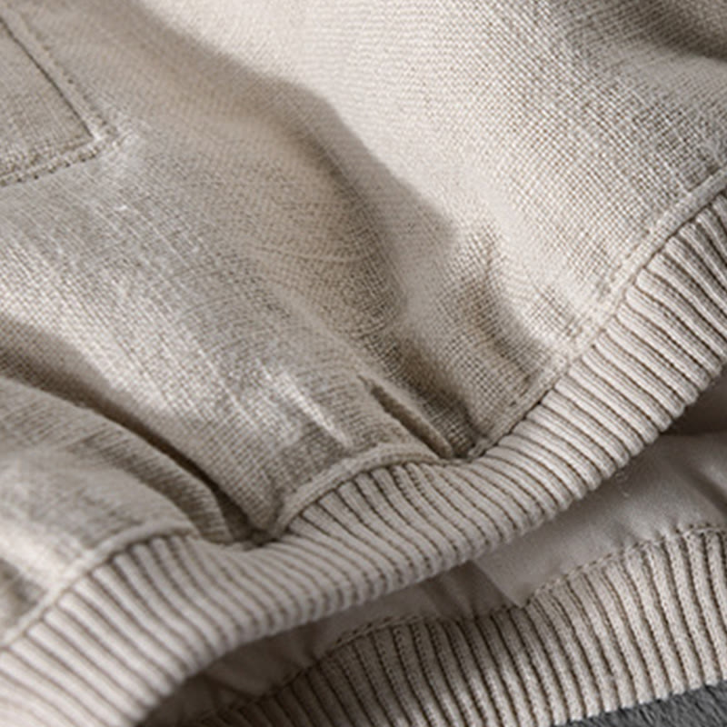 Buddha Stones Solid Color Ribbed Hem Long Sleeve Men's Cotton Linen Shirt With Pockets