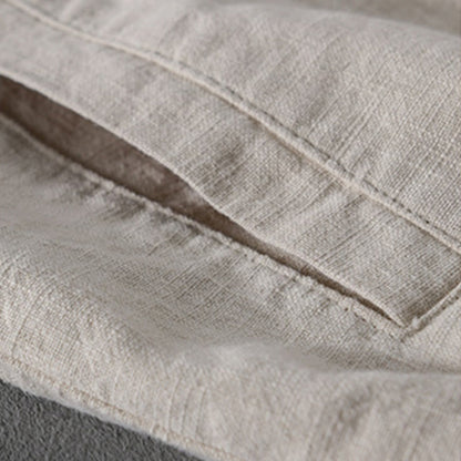 Buddha Stones Solid Color Ribbed Hem Long Sleeve Men's Cotton Linen Shirt With Pockets