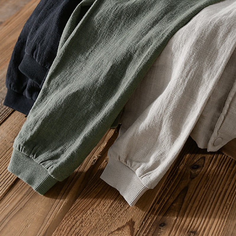 Buddha Stones Solid Color Ribbed Hem Long Sleeve Men's Cotton Linen Shirt With Pockets