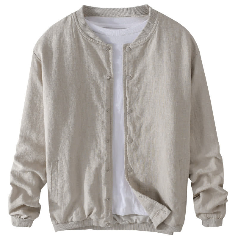 Buddha Stones Solid Color Ribbed Hem Long Sleeve Men's Cotton Linen Shirt With Pockets