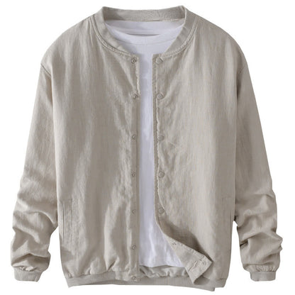 Buddha Stones Solid Color Ribbed Hem Long Sleeve Men's Cotton Linen Shirt With Pockets