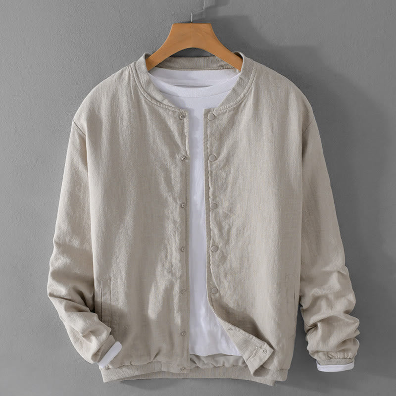 Buddha Stones Solid Color Ribbed Hem Long Sleeve Men's Cotton Linen Shirt With Pockets