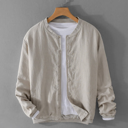 Buddha Stones Solid Color Ribbed Hem Long Sleeve Men's Cotton Linen Shirt With Pockets