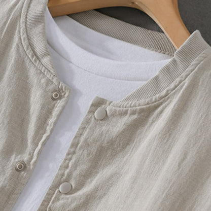 Buddha Stones Solid Color Ribbed Hem Long Sleeve Men's Cotton Linen Shirt With Pockets