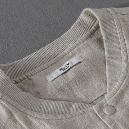 Buddha Stones Solid Color Ribbed Hem Long Sleeve Men's Cotton Linen Shirt With Pockets