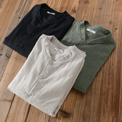 Buddha Stones Solid Color Ribbed Hem Long Sleeve Men's Cotton Linen Shirt With Pockets