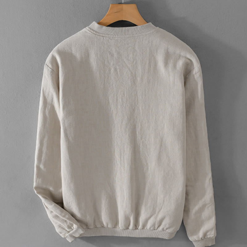 Buddha Stones Solid Color Ribbed Hem Long Sleeve Men's Cotton Linen Shirt With Pockets