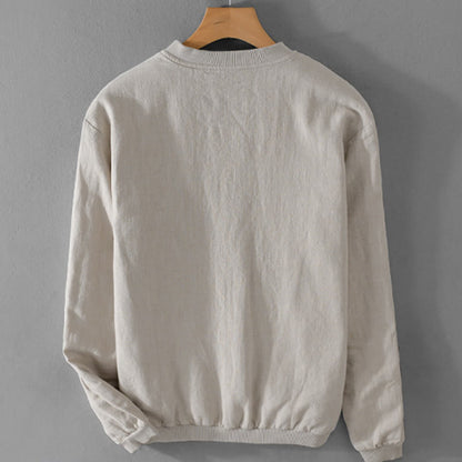 Buddha Stones Solid Color Ribbed Hem Long Sleeve Men's Cotton Linen Shirt With Pockets