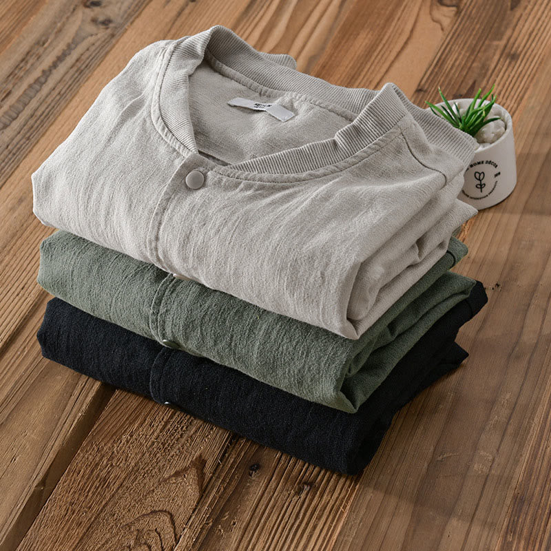 Buddha Stones Solid Color Ribbed Hem Long Sleeve Men's Cotton Linen Shirt With Pockets