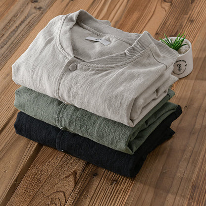 Buddha Stones Solid Color Ribbed Hem Long Sleeve Men's Cotton Linen Shirt With Pockets