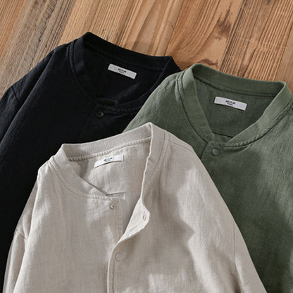 Buddha Stones Solid Color Ribbed Hem Long Sleeve Men's Cotton Linen Shirt With Pockets