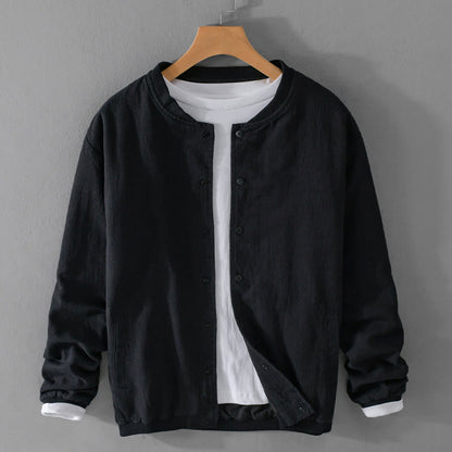 Buddha Stones Solid Color Ribbed Hem Long Sleeve Men's Cotton Linen Shirt With Pockets