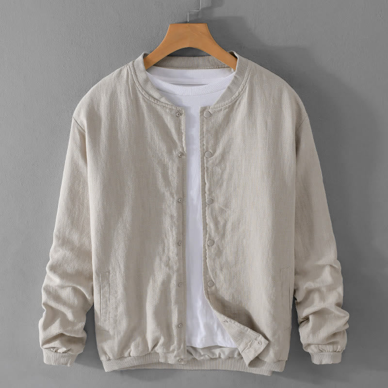 Buddha Stones Solid Color Ribbed Hem Long Sleeve Men's Cotton Linen Shirt With Pockets