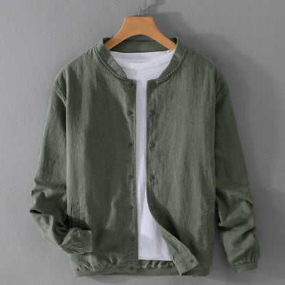 Buddha Stones Solid Color Ribbed Hem Long Sleeve Men's Cotton Linen Shirt With Pockets