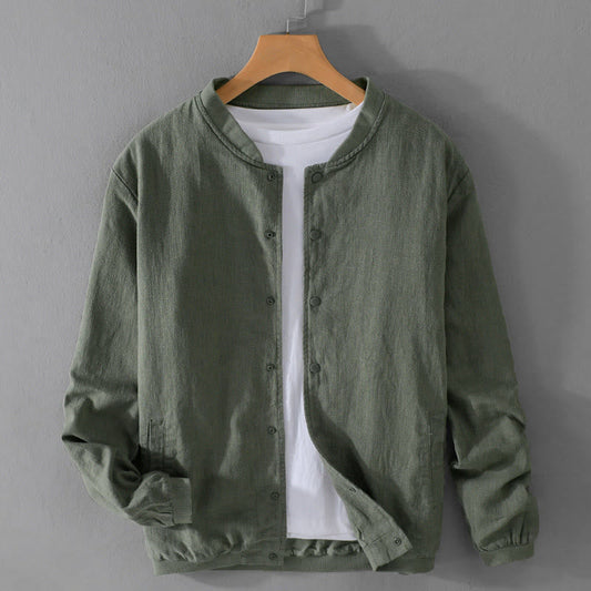 Buddha Stones Solid Color Ribbed Hem Long Sleeve Men's Cotton Linen Shirt With Pockets