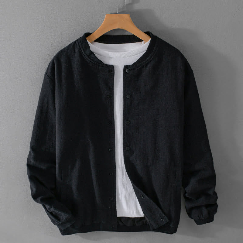 Buddha Stones Solid Color Ribbed Hem Long Sleeve Men's Cotton Linen Shirt With Pockets