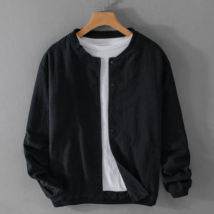 Buddha Stones Solid Color Ribbed Hem Long Sleeve Men's Cotton Linen Shirt With Pockets