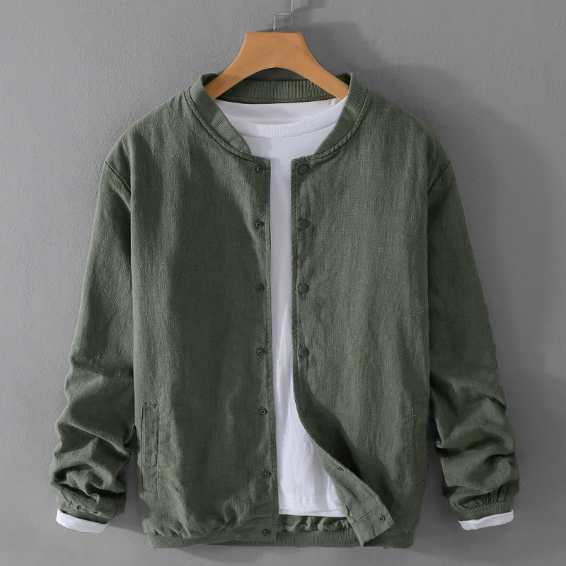 Buddha Stones Solid Color Ribbed Hem Long Sleeve Men's Cotton Linen Shirt With Pockets