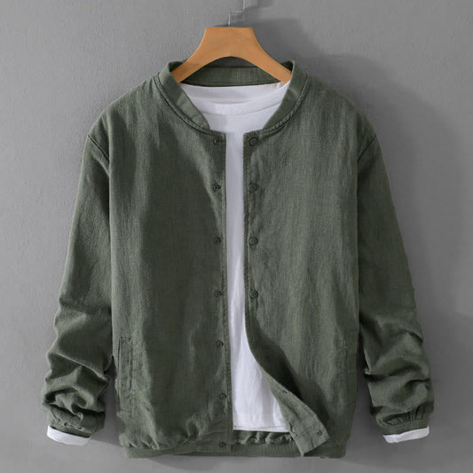 Buddha Stones Solid Color Ribbed Hem Long Sleeve Men's Cotton Linen Shirt With Pockets