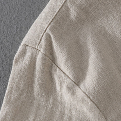 Buddha Stones Solid Color Ribbed Hem Long Sleeve Men's Cotton Linen Shirt With Pockets