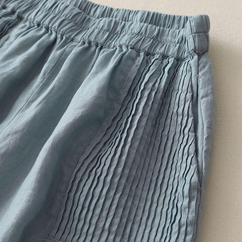 Buddha Stones Casual Plain Tucker Pleats Elastic Women's Polyester Wide Leg Pants With Pockets