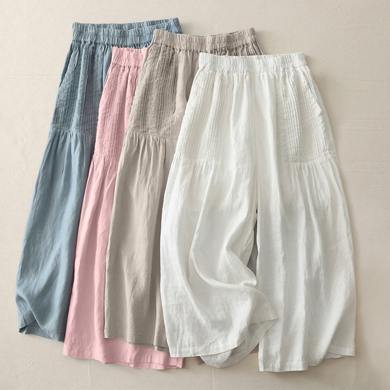 Buddha Stones Casual Plain Tucker Pleats Elastic Women's Polyester Wide Leg Pants With Pockets
