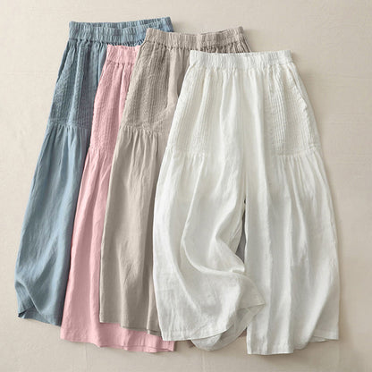 Buddha Stones Casual Plain Tucker Pleats Elastic Women's Polyester Wide Leg Pants With Pockets
