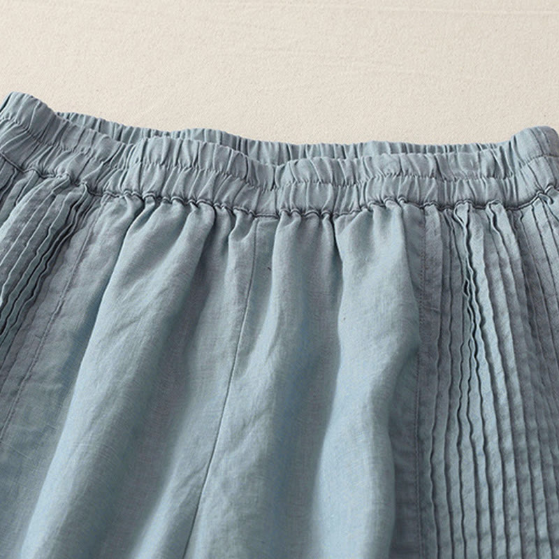 Buddha Stones Casual Plain Tucker Pleats Elastic Women's Polyester Wide Leg Pants With Pockets
