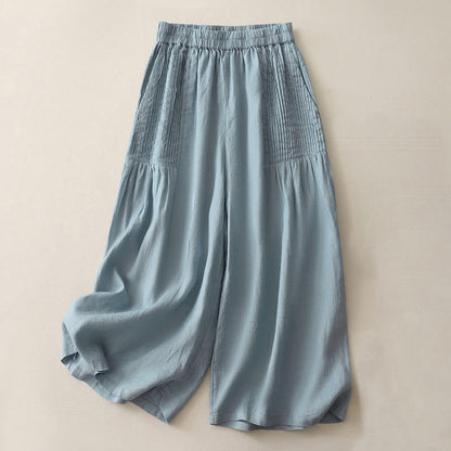 Buddha Stones Casual Plain Tucker Pleats Elastic Women's Polyester Wide Leg Pants With Pockets