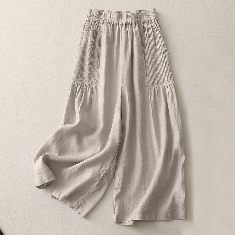 Buddha Stones Casual Plain Tucker Pleats Elastic Women's Polyester Wide Leg Pants With Pockets